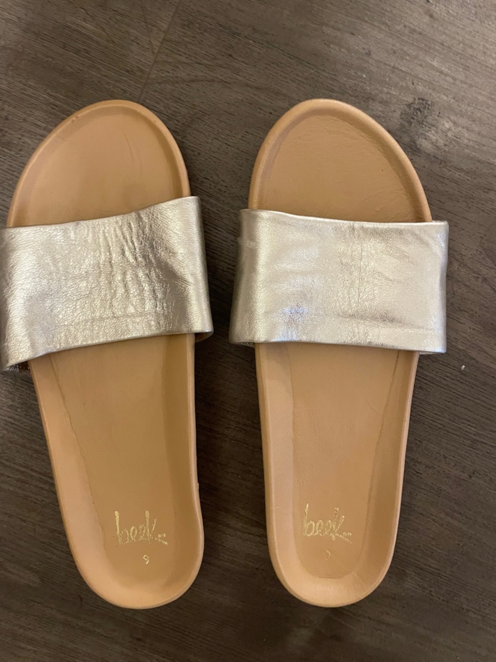 Metallic gold Beek Slide Sandals for Women size 9